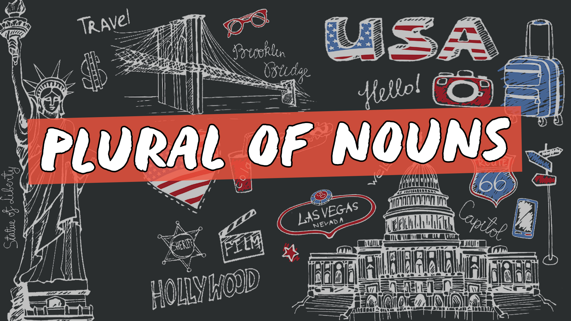 "Plural of Nouns" escrito sobre ilustração de diversos símbolos estadunidenses