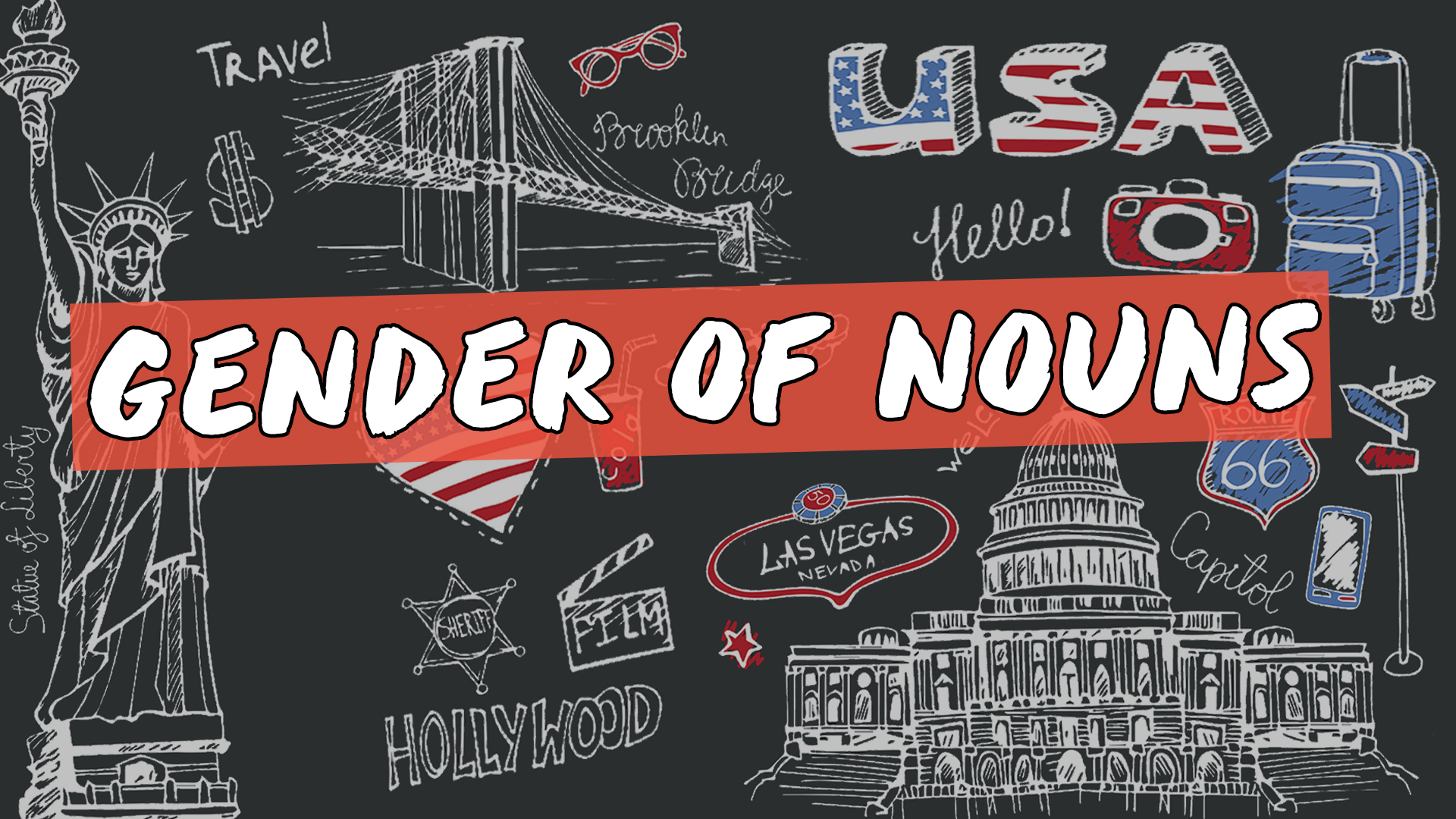 "Gender of Nouns" escrito sobre ilustração de diversos ícones estadunidenses
