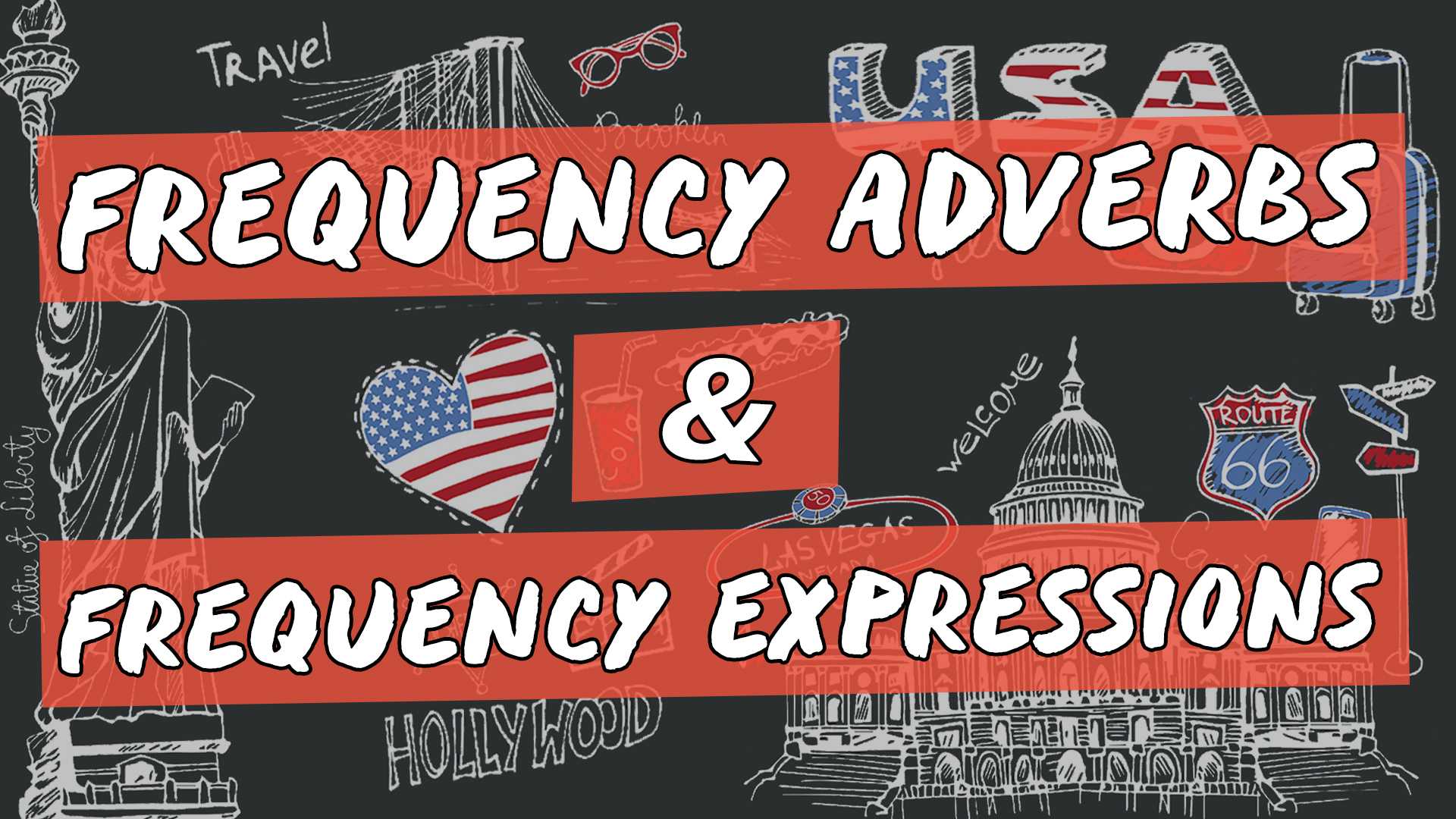 "Frequency Adverbs & Frequency Expressions" escrito sobre ilustração de diversos símbolos estadunidenses