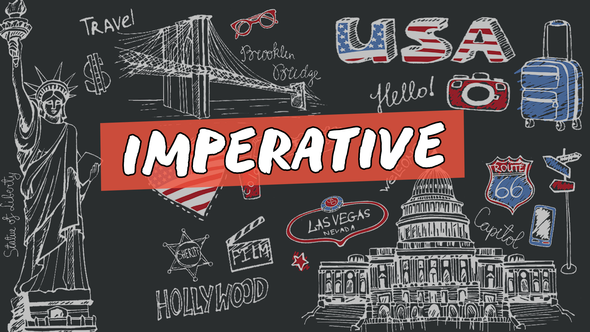 "Imperative" escrito sobre fundo com ilustração de diversos símbolos estadunidenses