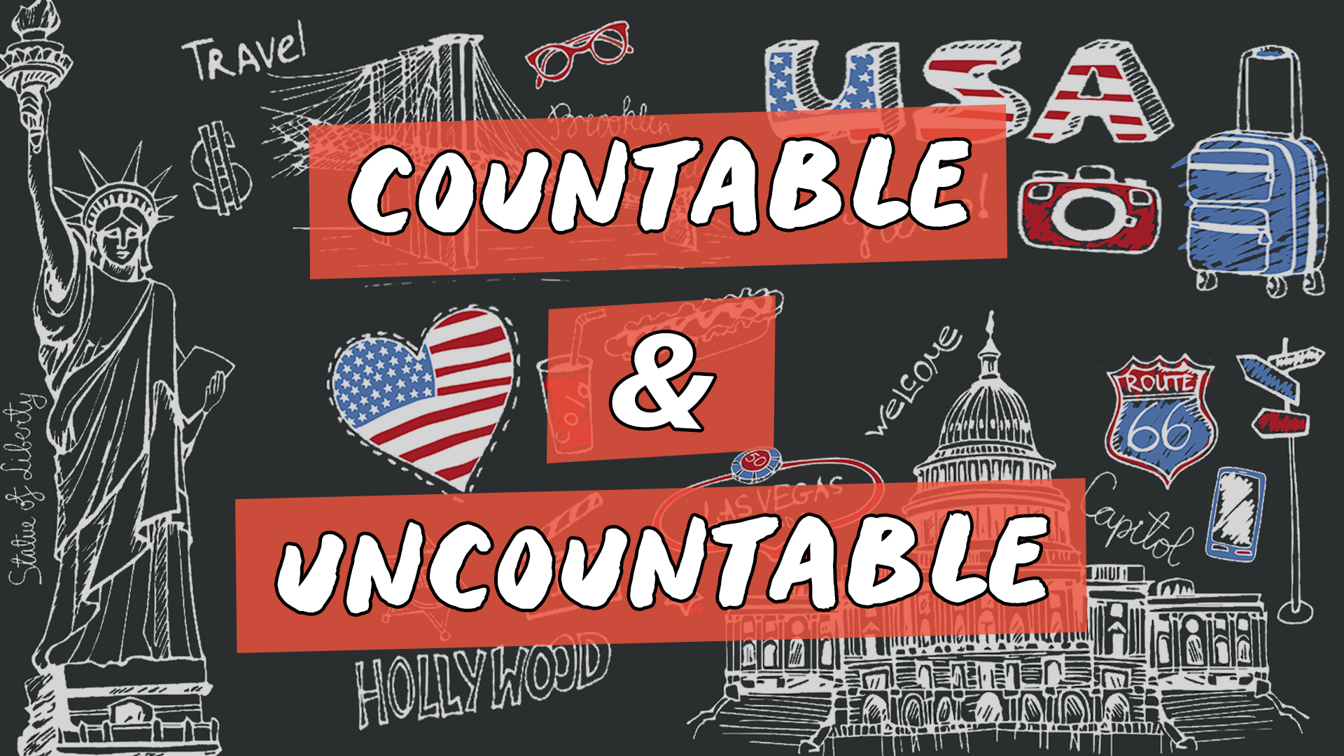 "Countable & Uncountable" escrito sobre ilustração de vários ícones estadunidenses