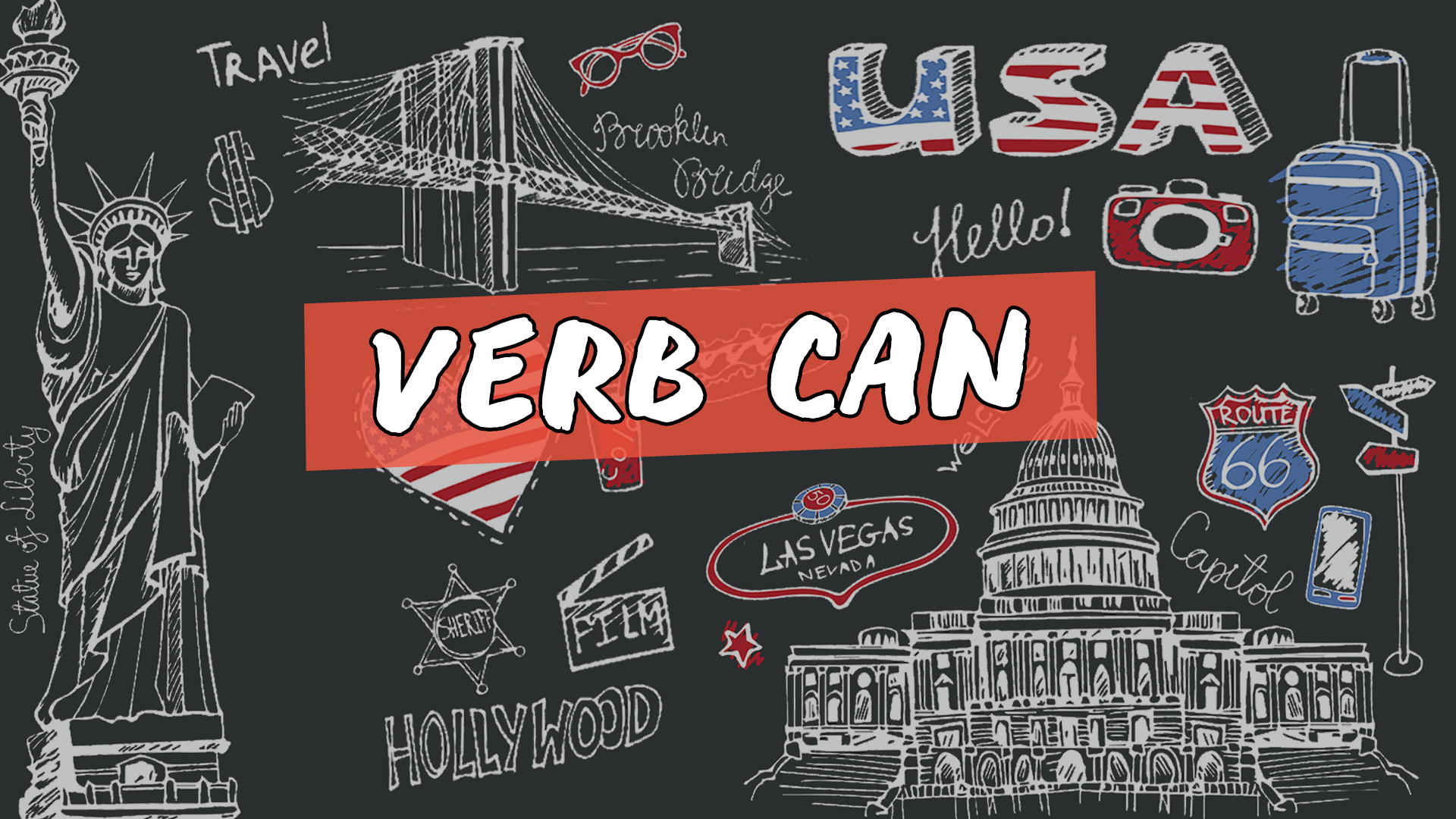 "Verb CAN" escrito sobre ilustração de vários ícones estadunidenses