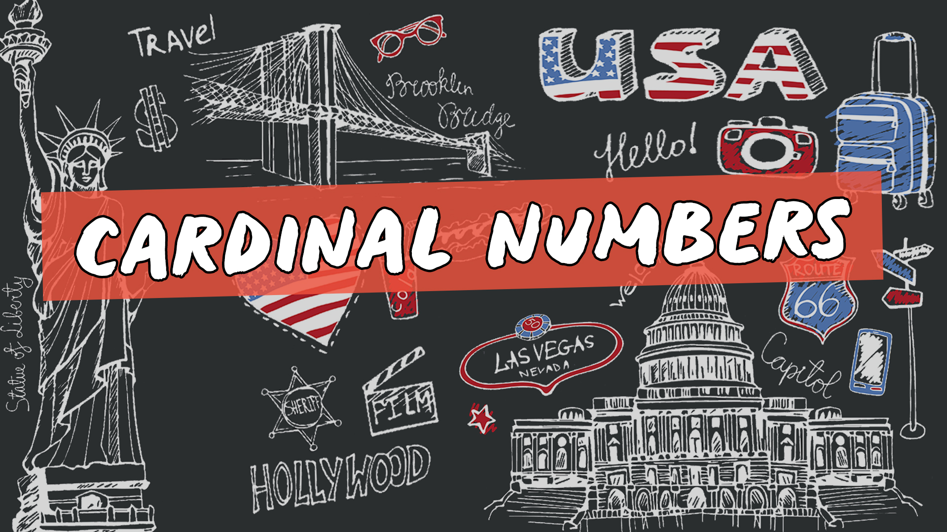 Escrito"Cardinal Numbers" sobre representação de vários elementos da cultura do inglês americano.