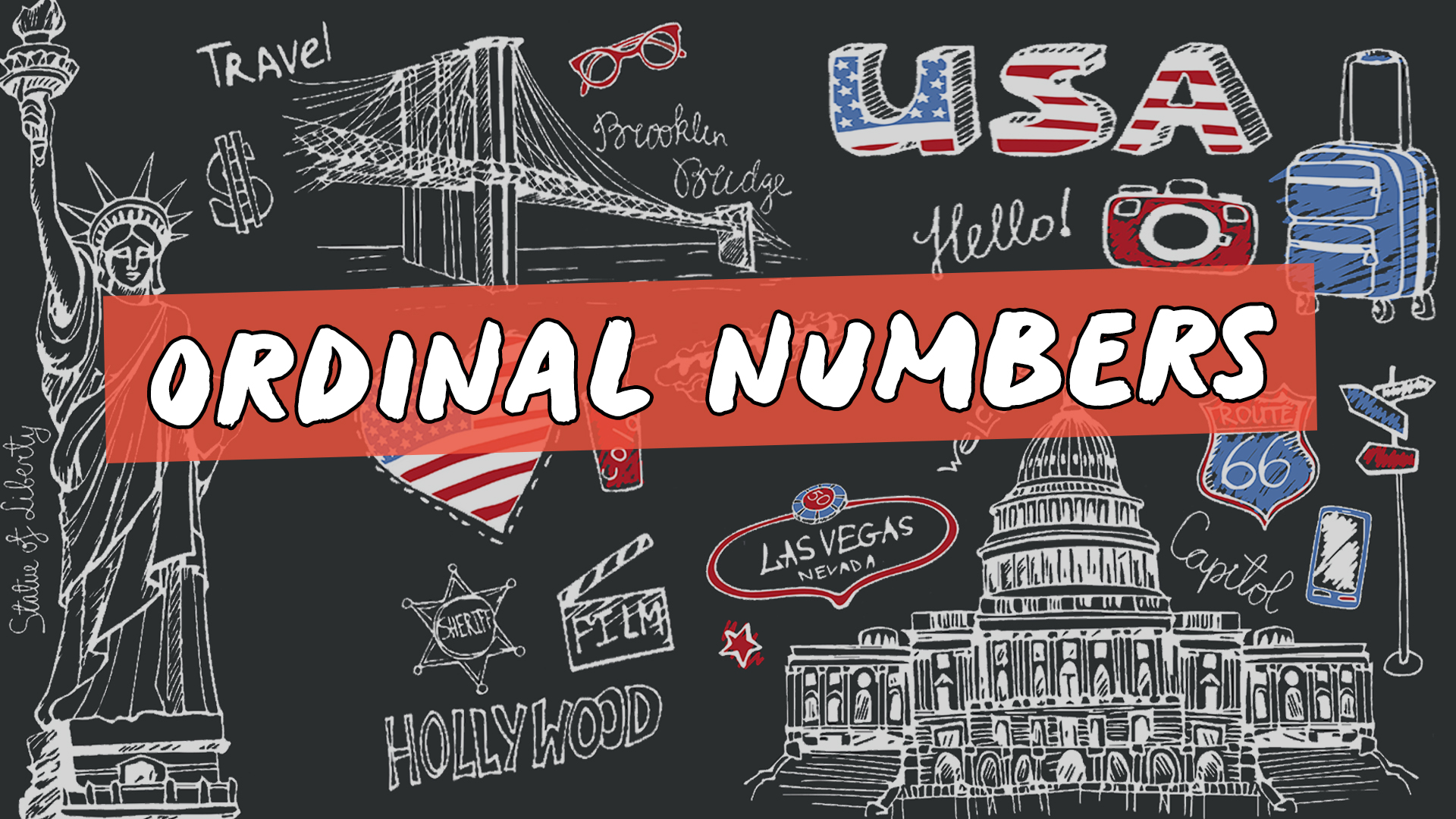 Escrito"Ordinal Numbers" sobre representação de vários elementos da cultura do inglês americano.