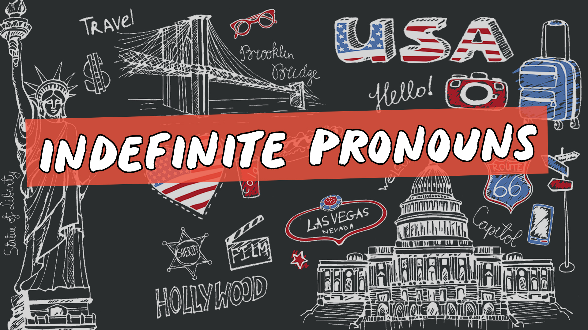 Escrito"Indefinite Pronouns" sobre representação de vários elementos da cultura do inglês americano.