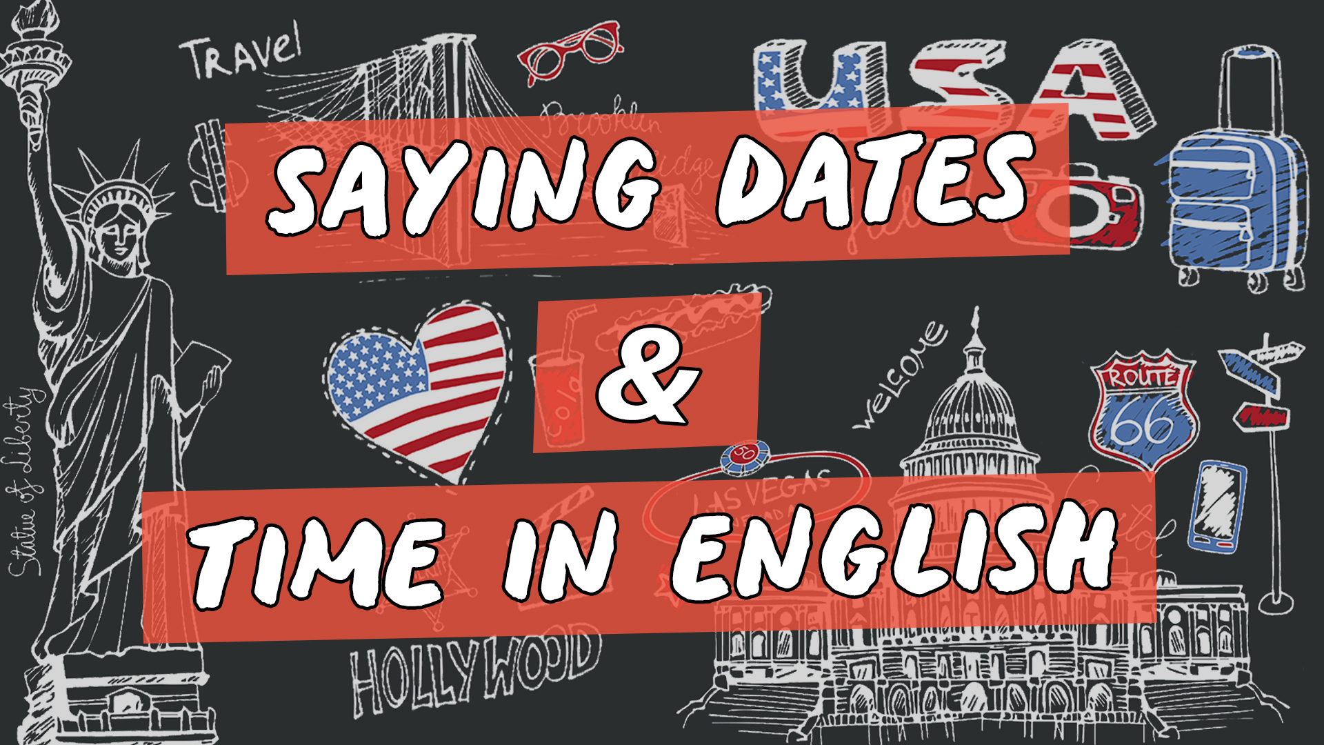 Escrito"Saying Dates & Time in English" sobre representação de vários elementos da cultura do inglês americano.