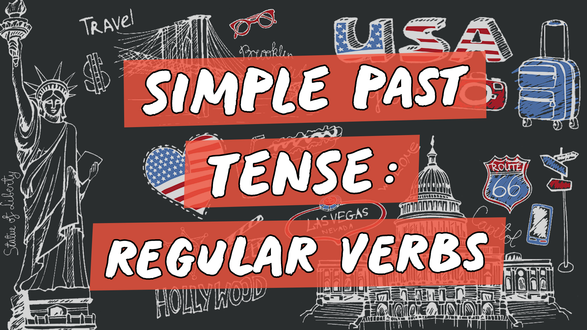 Escrito"Simple Past Tense: Regular Verbs" sobre representação de vários elementos da cultura do inglês americano.