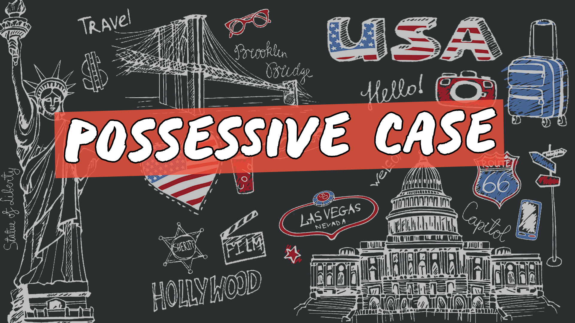 "Possessive Case" escrito sobre ilustração de vários ícones estadunidenses