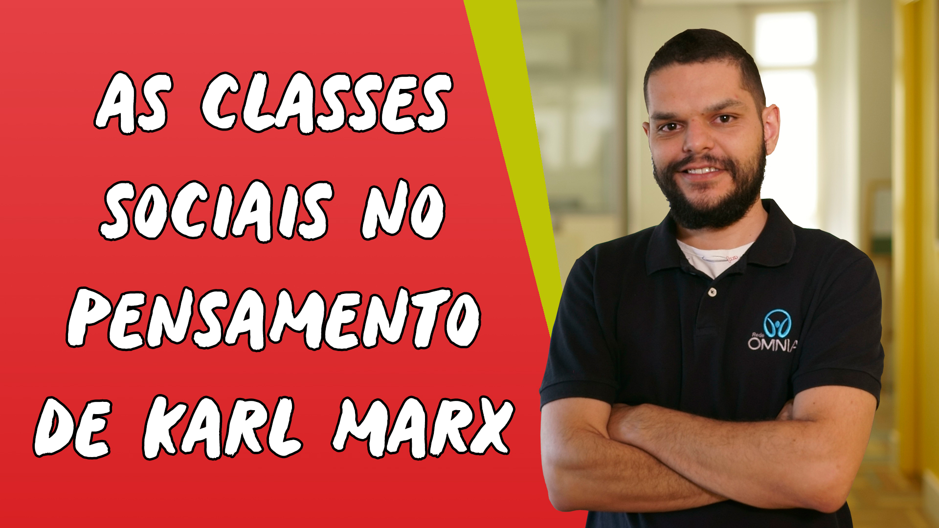 "As Classes Sociais no Pensamento de Karl Marx" escrito sobre fundo vermelho ao lado da imagem do professor