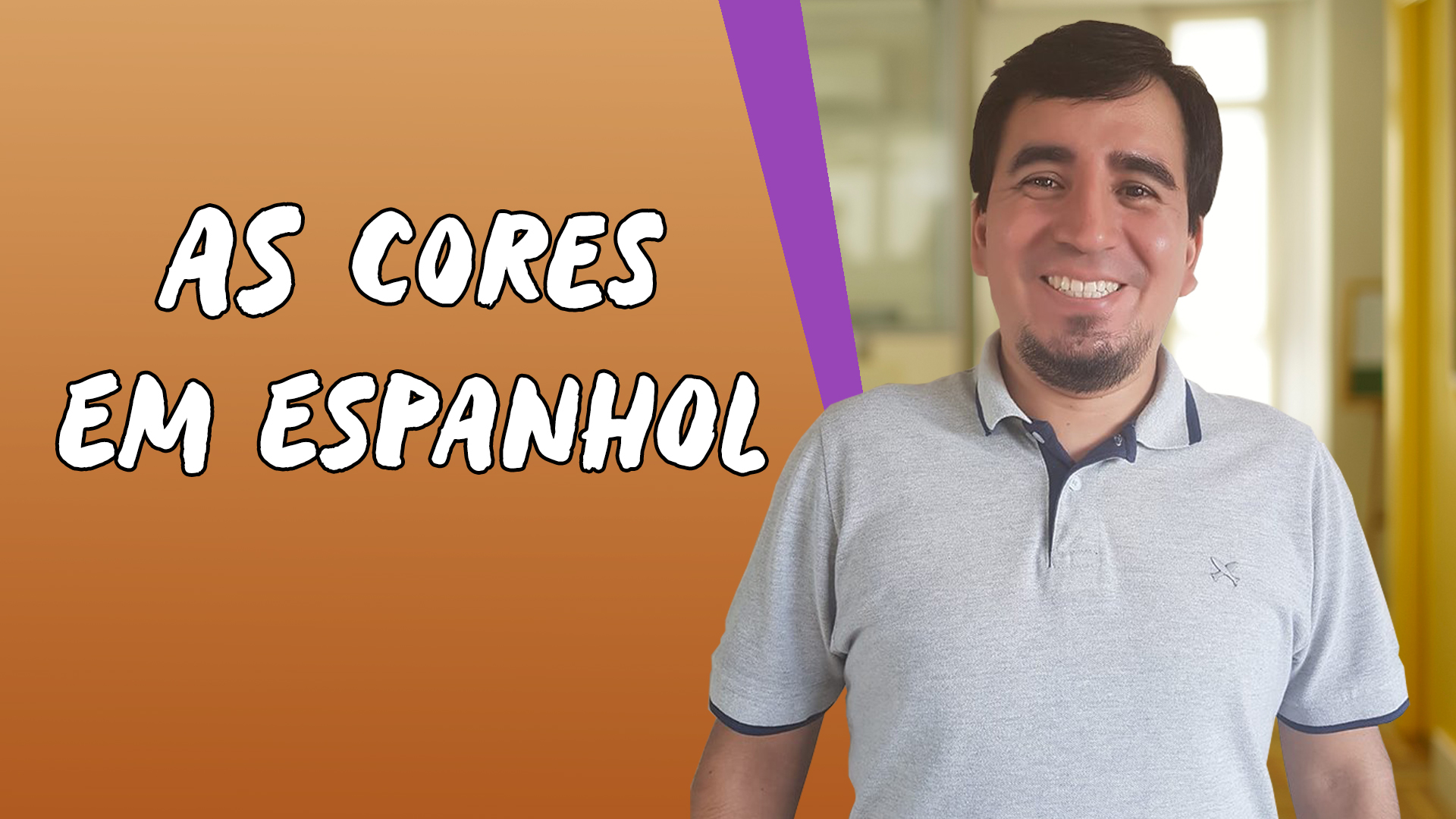 "As Cores em Espanhol" escrito sobre fundo laranja ao lado da imagem do professor