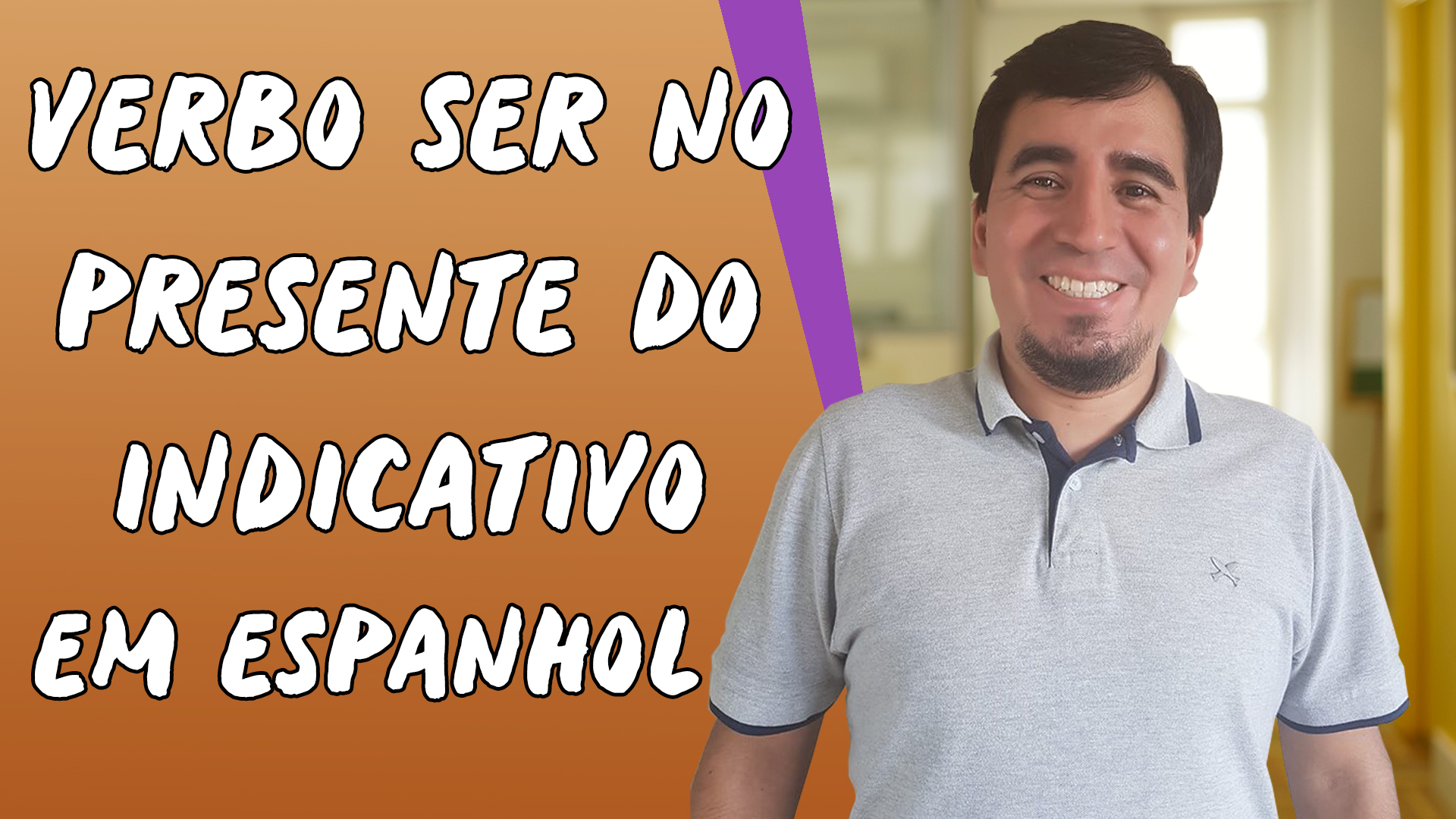 "Verbo Ser no Presente do Indicativo em Espanhol" escrito sobre fundo laranja ao lado da imagem do professor