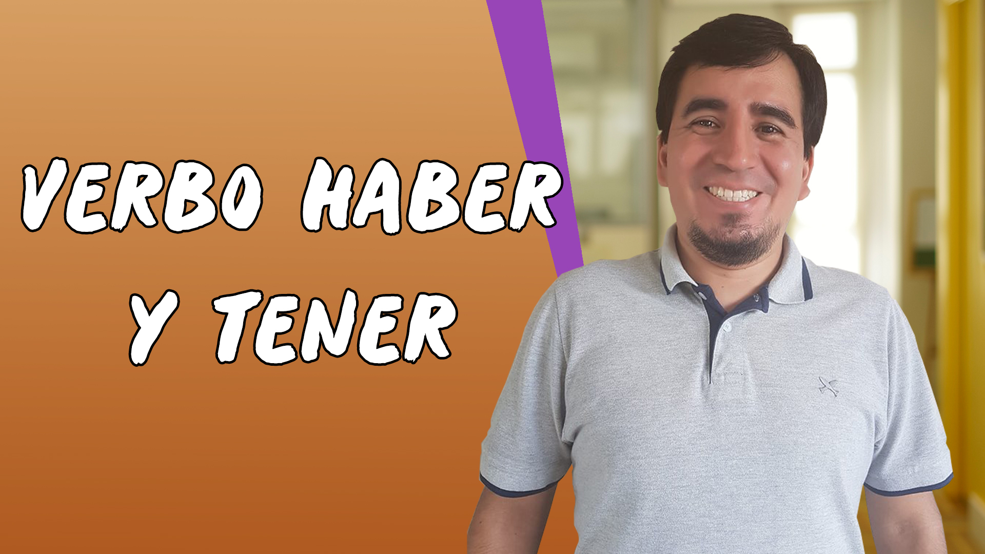 "Verbo Haber y Tener" escrito sobre fundo laranja ao lado da imagem do professor