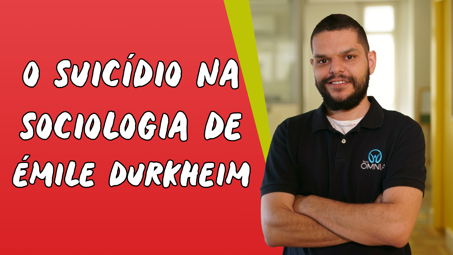 "O Suicídio na Sociologia de Èmile Durkheim" escrito sobre fundo vermelho ao lado da imagem do professor