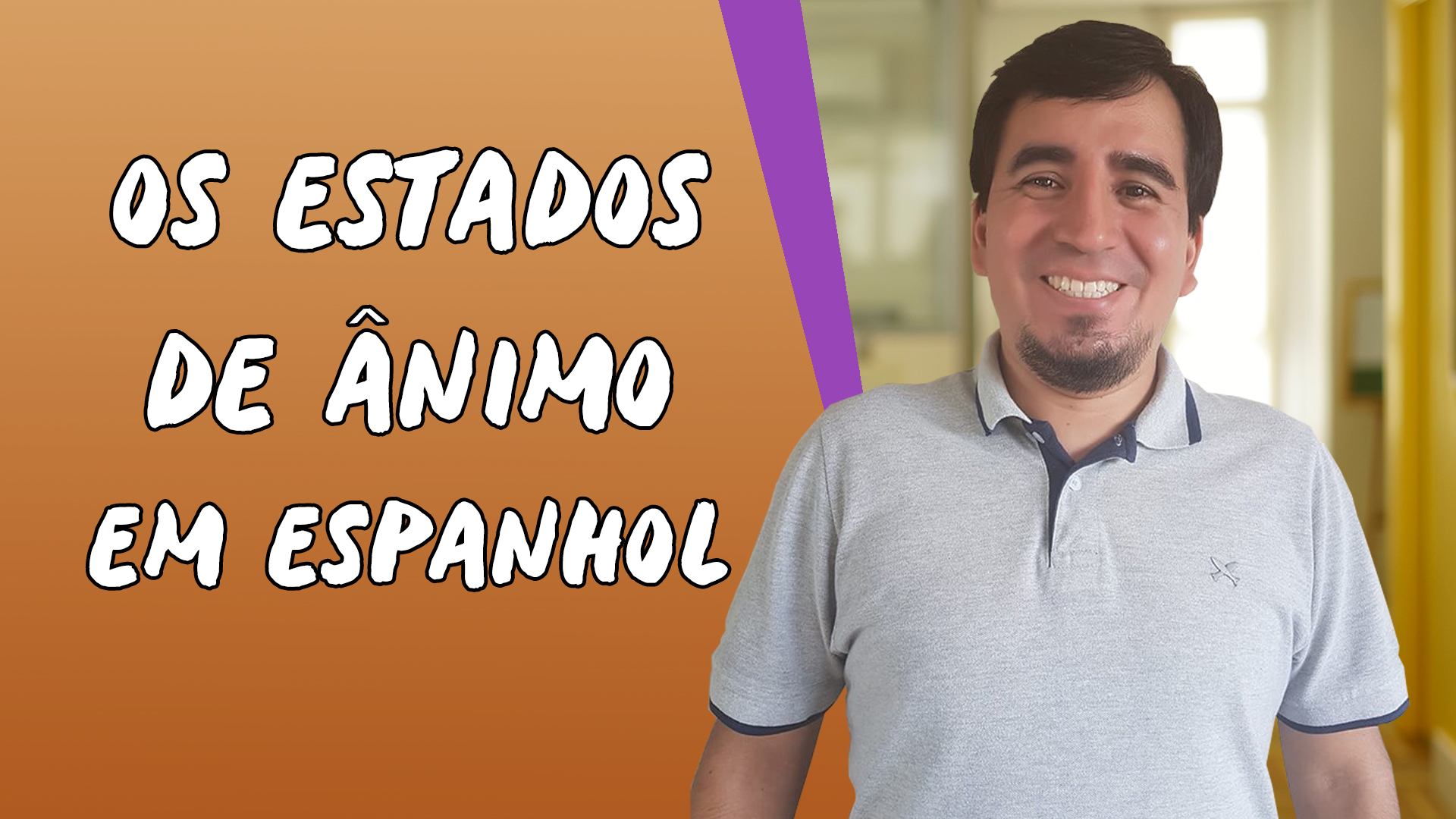 "Os Estados de Ânimo em Espanhol" escrito sobre fundo laranja ao lado da imagem do professor