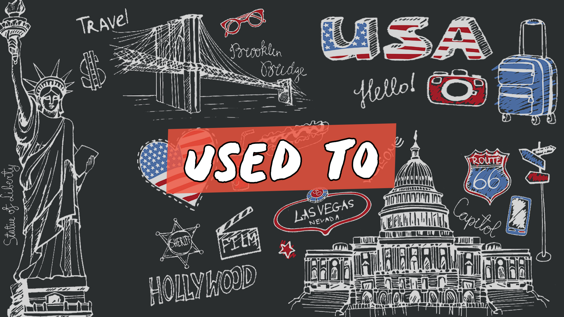 "Used to" escrito sobre ilustração de diversos ícones que representam os Estados Unidos