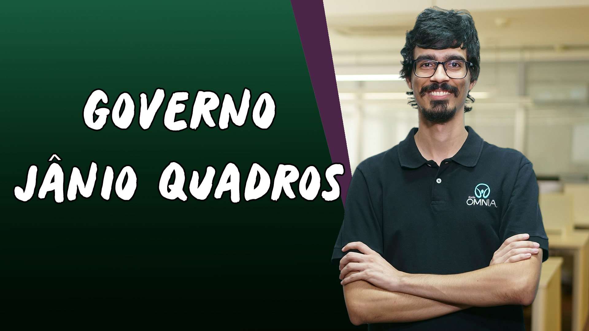 "Governo Jânio Quadros" escrito sobre fundo verde ao lado da imagem do professor