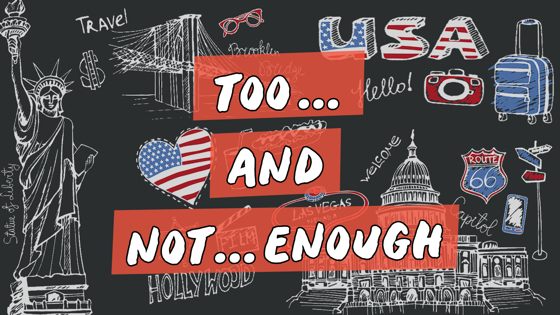 "too and not enough" escrito sobre ilustração de ícones que representam os Estados Unidos