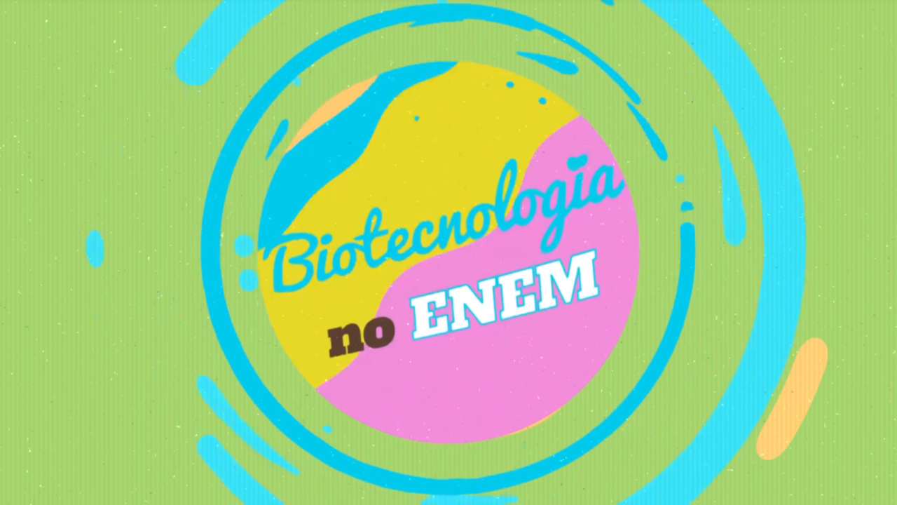 Escrito"Biotecnologia no Enem" em fundo colorido.