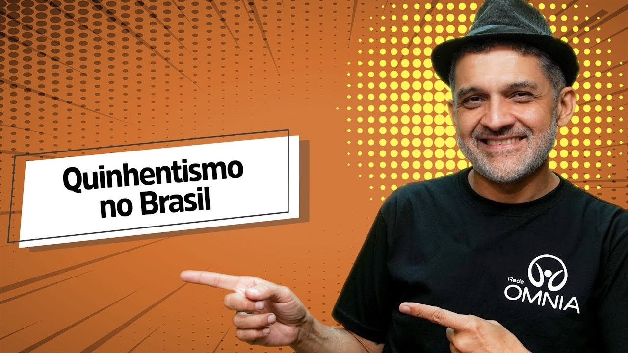 "Quinhentismo no Brasil" escrito sobre fundo laranja ao lado da imagem do professor