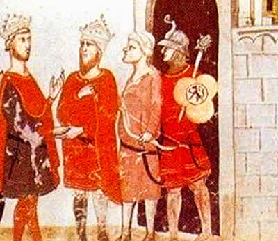 Representação do diálogo ocorrido entre Frederico II e Malik el-Kamil, sultão do Egito.