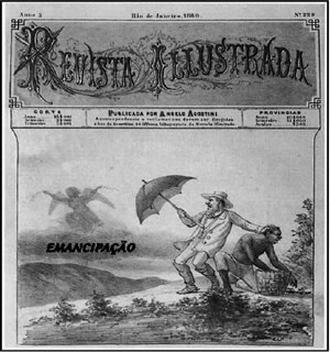 Capa da Revista Illustrada, por Ângelo Agostini (1843-1910). Uma sátira à tentativa do senhor de proteger seu escravo da liberdade com um guarda-chuva