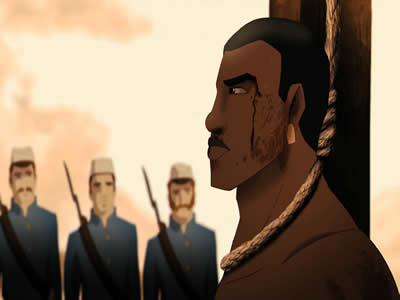 Cena da animação representando o enforcamento de um dos líderes da Balaiada, o escravo fugido Cosme Bento das Chagas.*