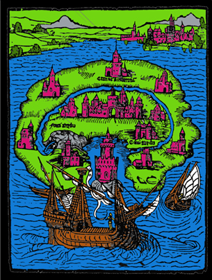 Uma imagem representando a ilha de “Utopia”, criada na obra clássica de Thomas Morus