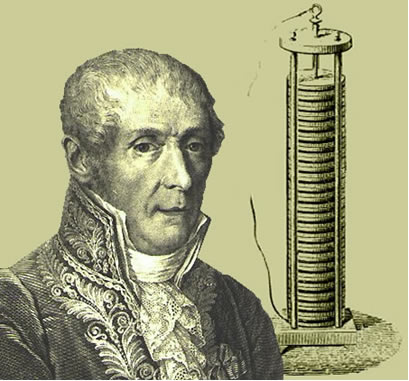 Alessandro Volta e sua primeira pilha, denominada pilha Galvânica ou pilha Voltaica