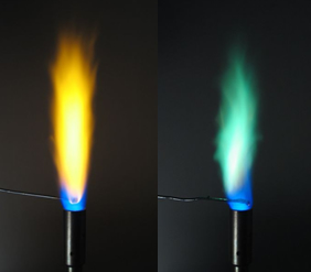 As chamas adquirem colorações amarela e verde durante a vaporização de íons sódio e cobre, respectivamente.
