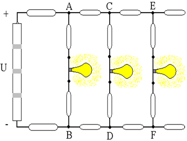 Circuito elétrico com pilhas ligadas em série e lâmpadas em paralelo