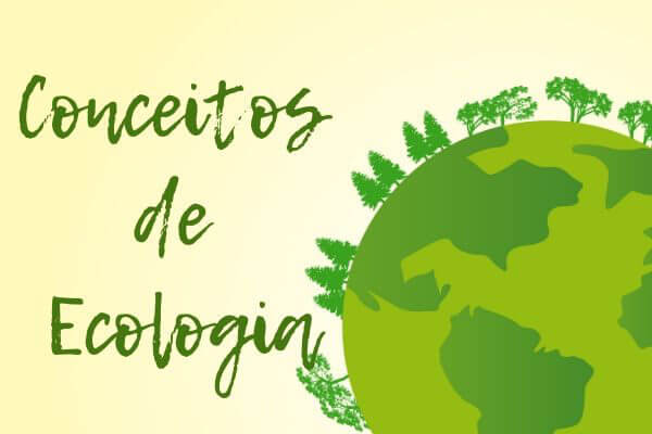 Conceitos de Ecologia escrito sobre ilustração do Planeta Terra.