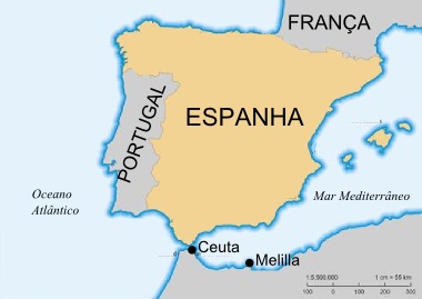 Mapa da Espanha com ênfase nas cidades autônomas de Ceuta e Melilla