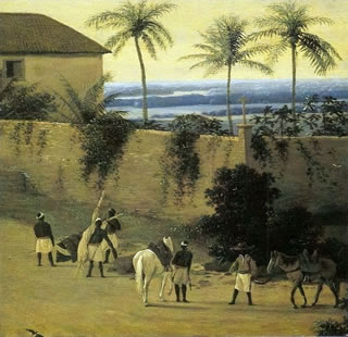 Muro com escravos e cavalos — Tela do holandês Frans Post (1612-1680) representando o cotidiano de trabalho dos escravos em Pernambuco