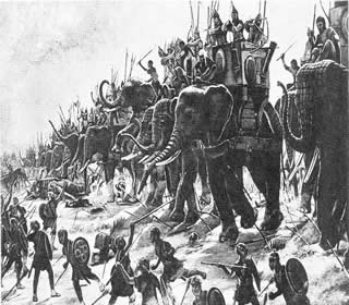 Batalha de Zama (202 a.C.), feita por Henri-Paul Motte (1846-1922), com as tropas cartaginesas com seus elefantes atacando a infantaria romana