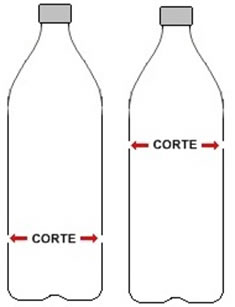 A garrafa cortada em forma de funil deverá ser encaixada na garrafa cortada na forma de pote
