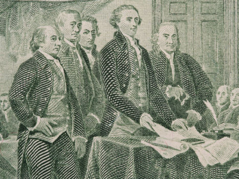 Imagem dos redatores da declaração de independência dos EUA em uma nota de dois dólares