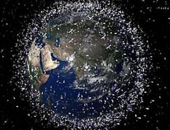 Montagem computacional do acúmulo de lixo espacial na órbita da Terra