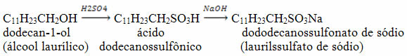 Reação de obtenção do dododecanossulfonato de sódio por meio do dodecan-1-ol