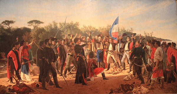 Pintura de Juan Manuel Blanes retratando os 33 orientais, o grupo que declarou a separação da Cisplatina do Brasil e sua vinculação com Buenos Aires.*