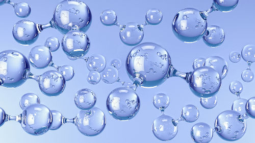 Representação das moléculas de água, as quais apresentam geometria angular