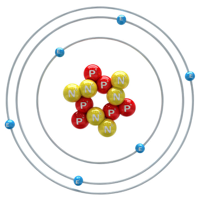 Sabemos que o átomo é o carbono, pois ele possui 6 prótons, que é o número atômico desse elemento