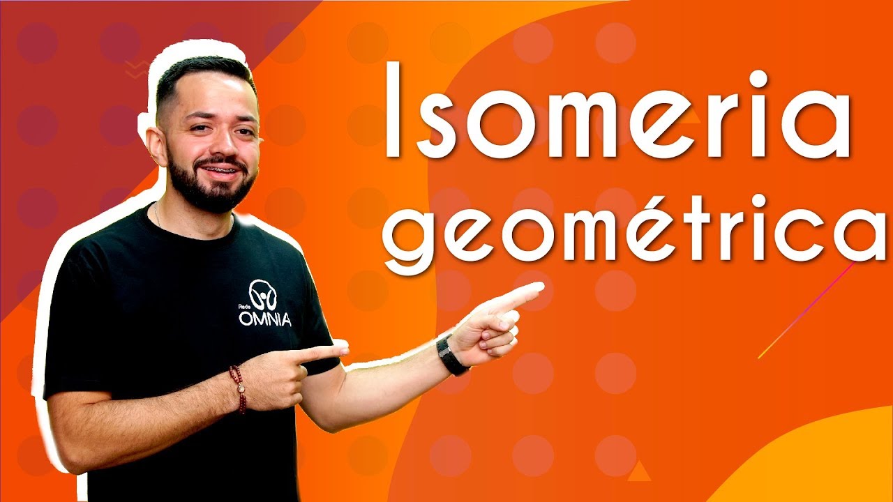 "Isomeria geométrica" escrito sobre fundo alaranjado ao lado da imagem do professor