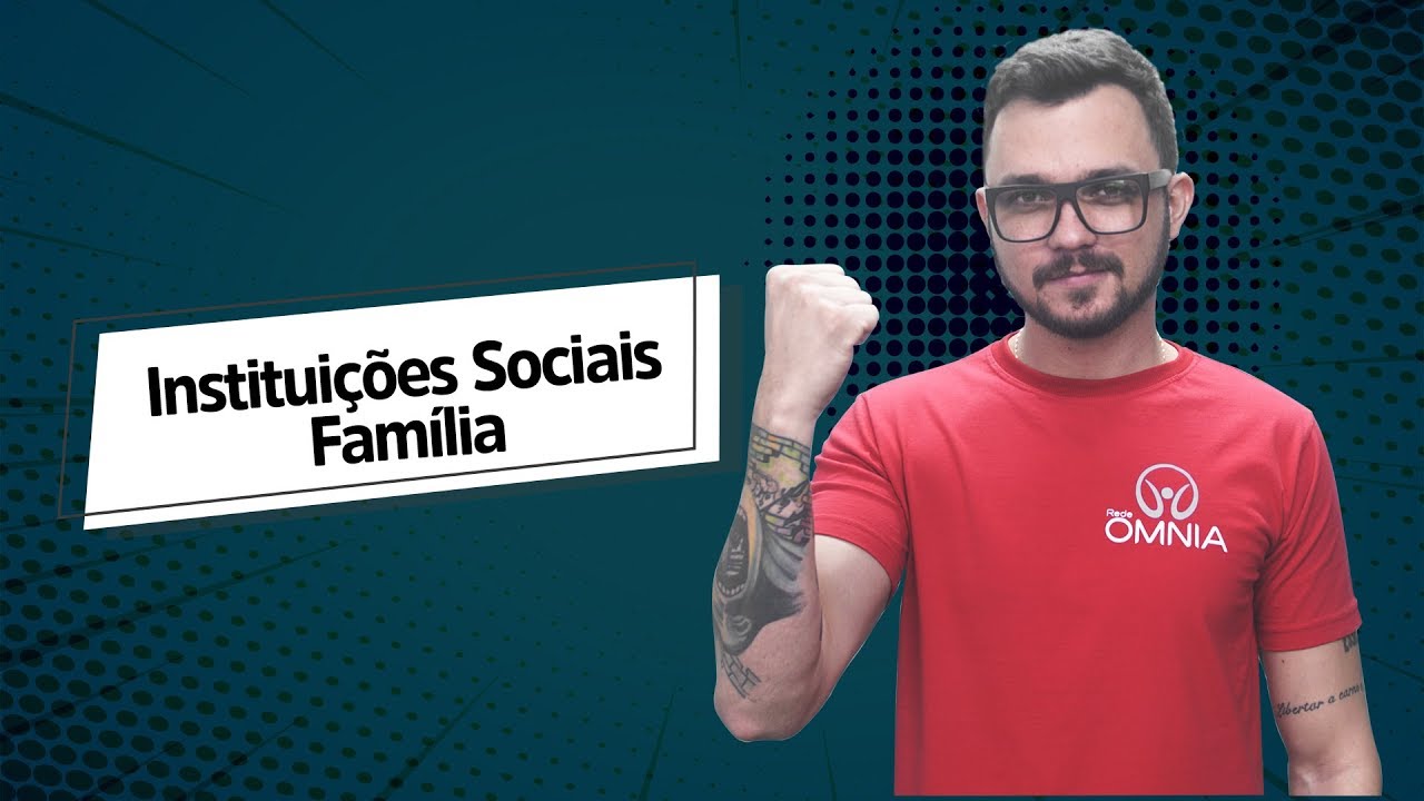 "Instituições Sociais: Família" escrito sobre fundo verde ao lado da imagem do professor