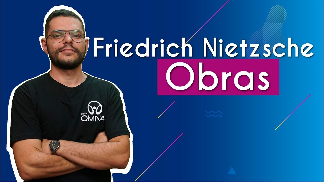 "Friedrich Nietzsche: Obras" escrito sobre fundo azul ao lado da imagem do professor