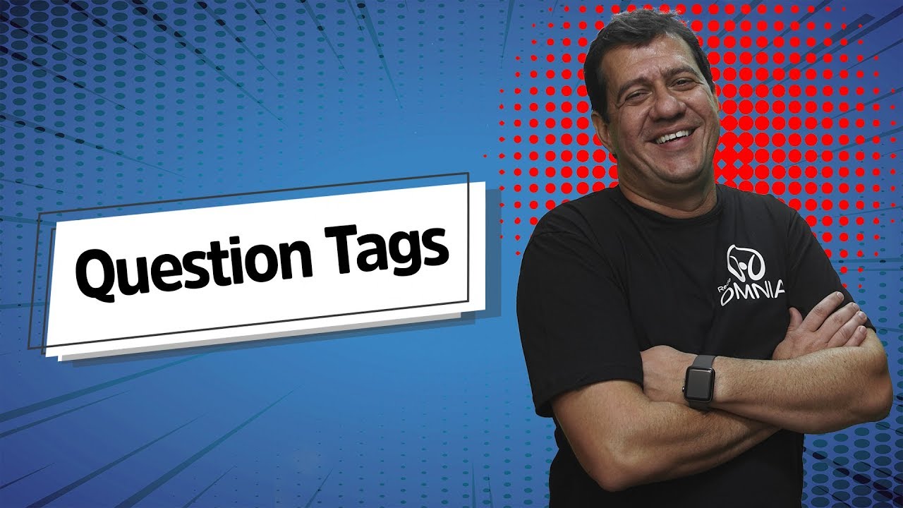 "Question Tags: o que são e como formulá-las" escrito sobre fundo azul ao lado da imagem do professor
