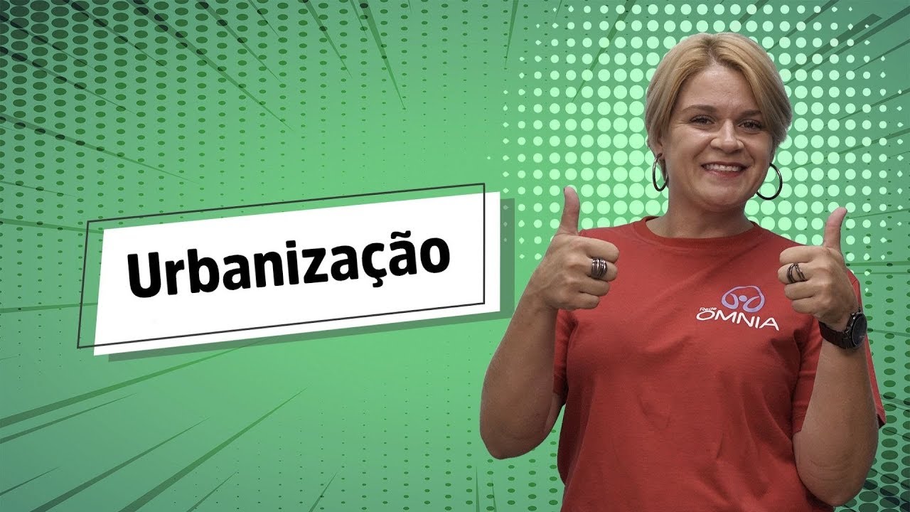 "Urbanização" escrito sobre fundo verde ao lado da imagem da professora