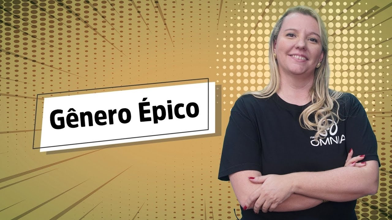 "Gênero Épico" escrito sobre fundo amarelo ao lado da imagem da professora