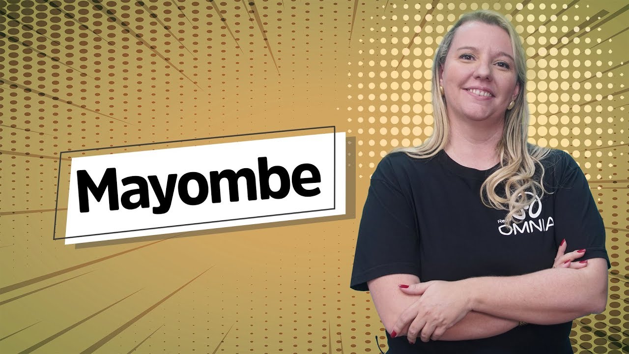 "Mayombe" escrito sobre fundo amarelo ao lado da imagem da professora