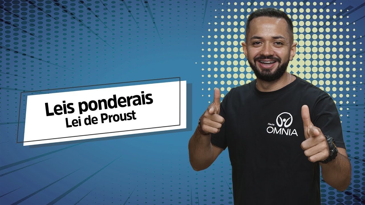 "Lei de Proust | Leis Ponderais" escrito sobre fundo azul ao lado da imagem do professor