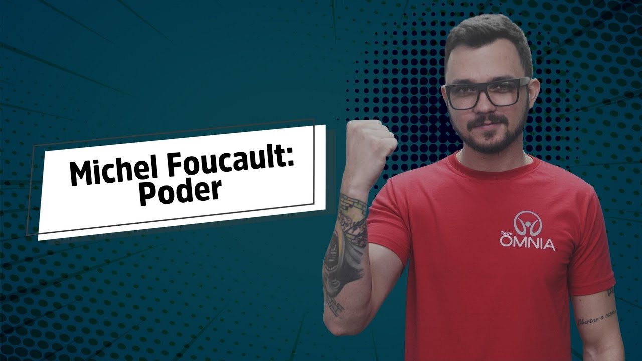 "Michel Foucault: Poder" escrito sobre fundo verde ao lado da imagem do professor